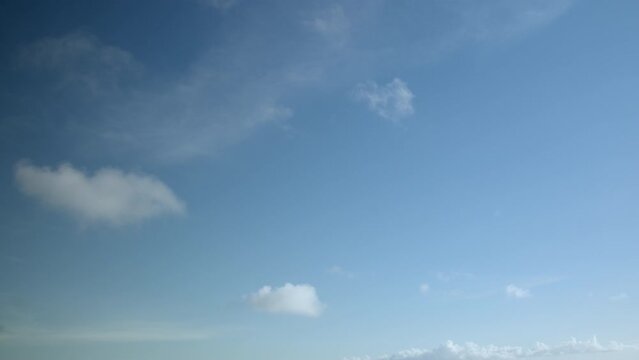 A few white clouds are flying calmly in a clear blue sky, accelerated timelapse video, the sky as a background.