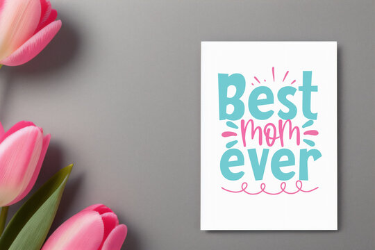 pink tulips and a card with the text I love mom on a white background mother's day concept. Generative Ai