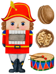 watercolor illustration of christmas nutcracker with drum and nuts