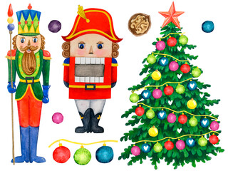 watercolor illustration of a Christmas tree with toys and a nutcracker with a wooden soldier