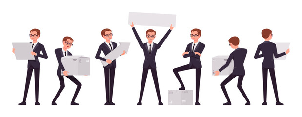 Handsome businessman set, holding items, banner poses. Office man, busy male manager in formal suit outfit, tie, work, event, occasion. Vector flat style cartoon character isolated, white background