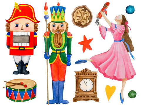 watercolor illustration of christmas nutcracker with wooden toy soldiers and girl