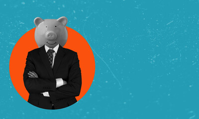 Art collage, image of a young businessman, with a piggy bank head in the shape of a small pig.