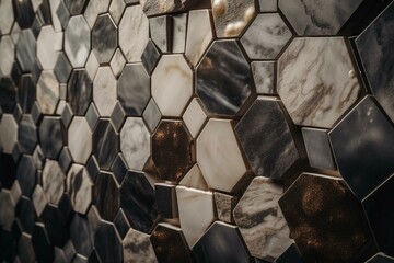 Fototapeta na wymiar 3d polished, natural stone mosaic tiles in hexagonal shape stacked as bricks to make a wall. Generative AI