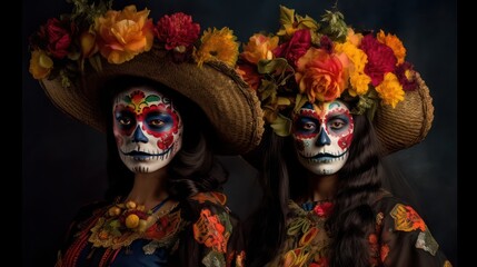 Dia de los muertos, Mexican holiday of the dead and halloween. Two Women with sugar skull make up and flowers. Generative AI