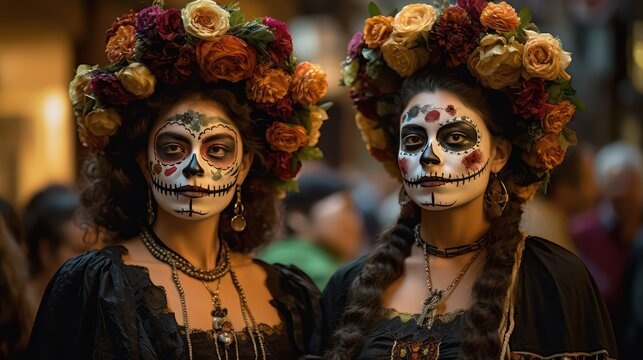 Dia de los muertos, Mexican holiday of the dead and halloween. Two Women with sugar skull make up and flowers. Generative AI