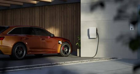 Generic electric vehicle EV hybrid car is being charged from a wallbox on a contemporary modern residential building house
