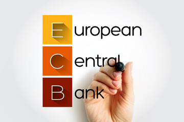 ECB European Central Bank - prime component of the Eurosystem and the European System of Central Banks, acronym concept with marker