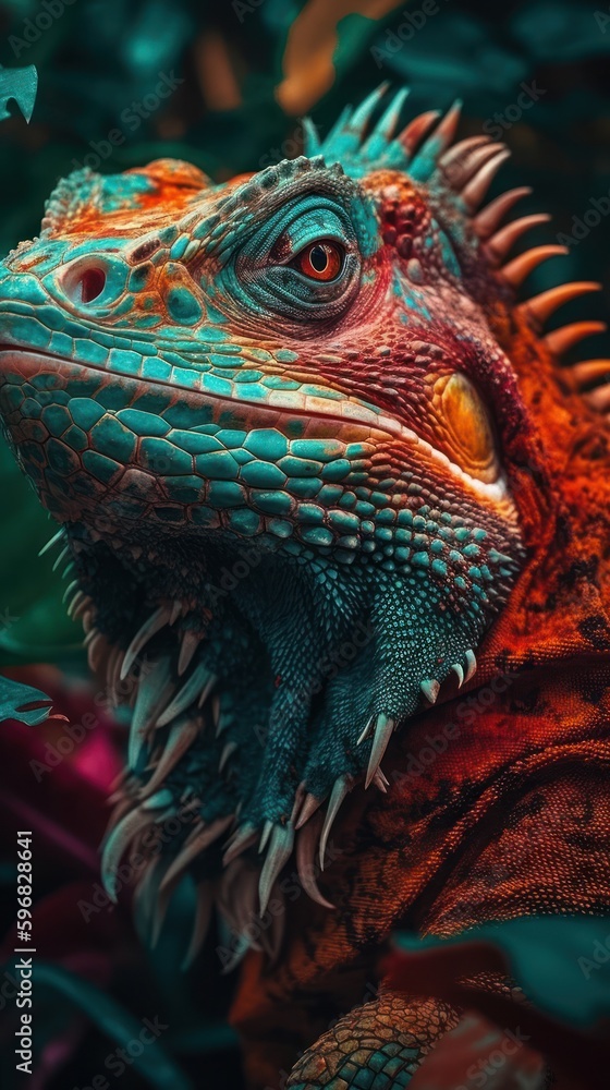 Poster close up of a colorful iguana in a botanical garden. generative ai