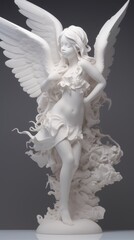 Angel statue with white wings on a gray background. Studio shot. Generative AI