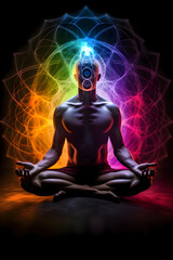 Fototapeta na wymiar Man meditating in lotus position, colored aura and chakras, Generative AI