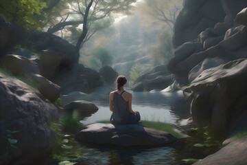 A woman sits on a stone in the middle of the river and practices meditation, Generative AI