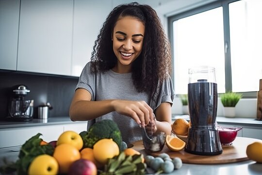 Young woman using fruits and vegetables to make a healthy smoothie in the kitchen 