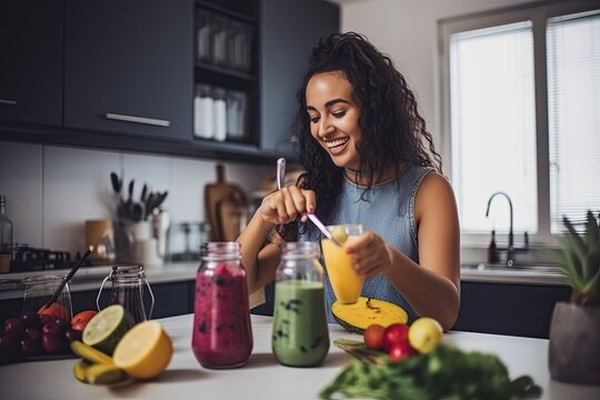 Young woman preparing a healthy drink in the kitchen 