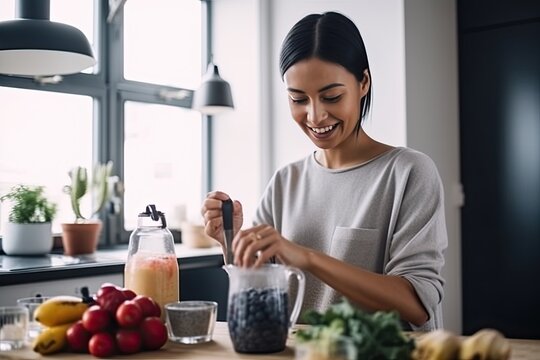 Mixed ethnicity young woman preparing a healthy smoothie at home in the kitchen