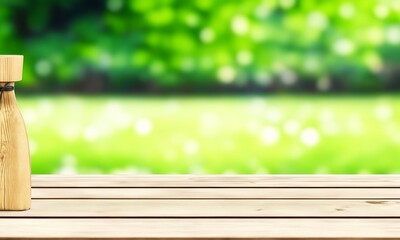 Empty wooden table with garden bokeh background. Template mock up for display of product (Generative AI)