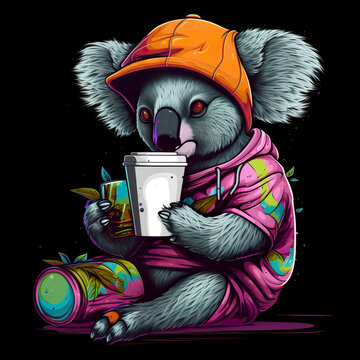 A koala bear with a cup of coffee. AI generative.