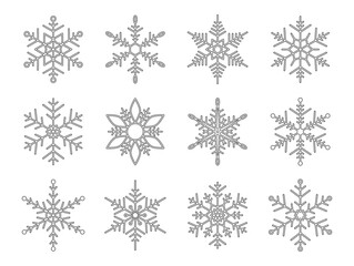 Snowflake for snow design. Black silhouette snowflakes isolated on white background. Freeze symbol. Snow flake icon. Ice crystal graphic. Clipart for winter prints. Simple shape. Vector illustration