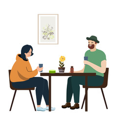 Man and woman sitting at table and drinking coffee. Vector illustration in flat style.