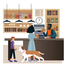 Coffee shop interior barista, people and dog. Flat style vector illustration.