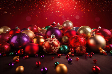 Obraz na płótnie Canvas Festive Christmas Ornaments on Red Background