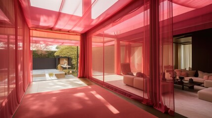 Fototapeta na wymiar Transparent luxury house to never be locked up, with red decor. Generative AI Technology 