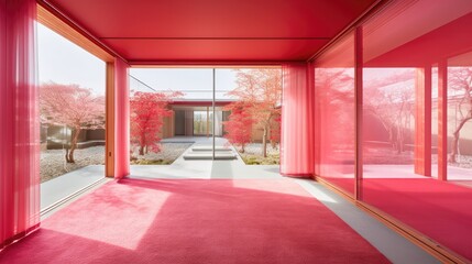 Transparent luxury house to never be locked up, with red decor. Generative AI Technology 