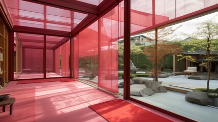 Fototapeta na wymiar Transparent luxury house to never be locked up, with red decor. Generative AI Technology 