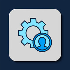 Filled outline Head hunting icon isolated on blue background. Business target or Employment sign. Human resource and recruitment for business. Vector