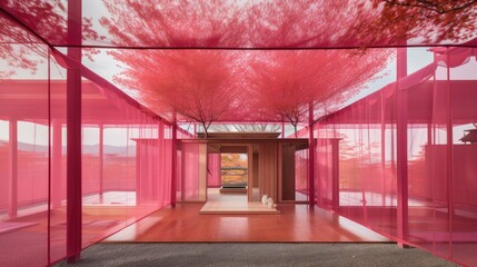Transparent luxury house to never be locked up, with red decor. Generative AI Technology 