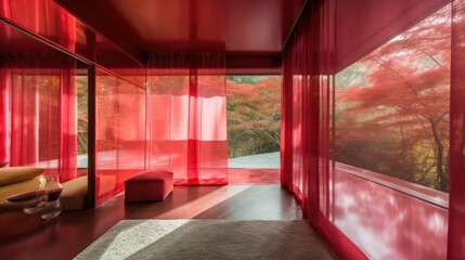 Transparent luxury house to never be locked up, with red decor. Generative AI Technology 