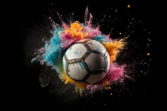 Colorful Powder Bursts From Exploding Soccer Ball. Generative AI