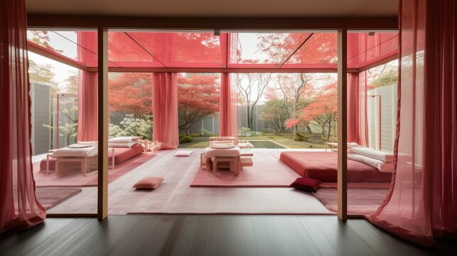 Transparent luxury house to never be locked up, with red decor. Generative AI Technology 
