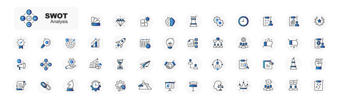 SWOT Analysis Icons Set for Business Presentations and Reports. Vector Editable Stroke Icons.