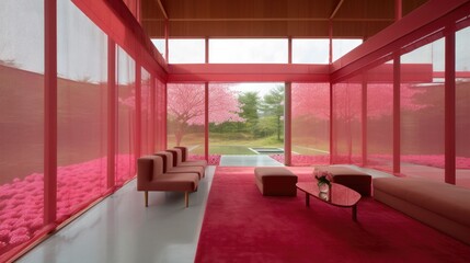 Transparent luxury house to never be locked up, with red decor. Generative AI Technology 