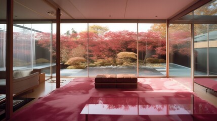 Transparent luxury house to never be locked up, with red decor. Generative AI Technology 