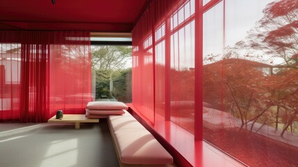 Transparent luxury house to never be locked up, with red decor. Generative AI Technology 