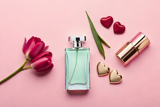 Top view photo of perfume bottle with heart and tulips on pastel pink background with copy space
