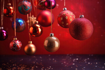 Fototapeta na wymiar Festive Christmas Ornaments on Red Background