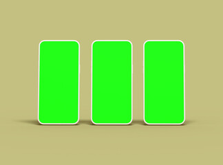 Three white Unbranded Smartphones with green screens that can be easily changed. Design for UI/UX Product Showcase. 3D Render