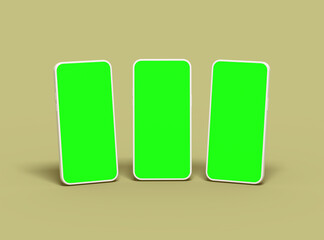 Three white Unbranded Smartphones with green screens that can be easily changed. Design for UI/UX Product Showcase. 3D Render