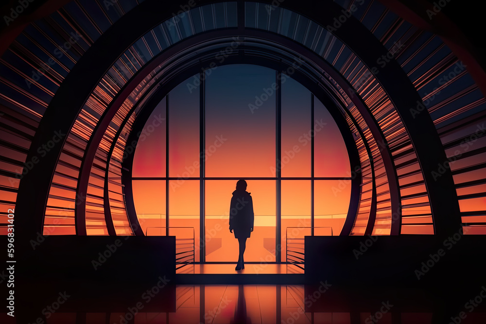 Poster a person standing in front of a large window. ai generative.