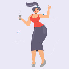 Funny puffy girl dancing with a cup of coffee.Coffee lover card character illustration. Vector.