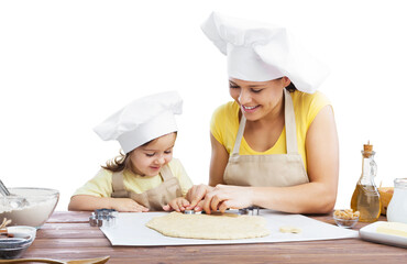 Happy loving family prepares bakery together.