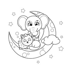 Coloring page. Cute elephant and kitten on the moon