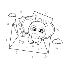 Coloring page. Elephant in an envelope Marry me with love letters and a diamond ring