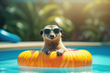 Cute meerkat chilling on a yellow inflatable pool float in a swimming pool. Summer holidays concept. Generative AI - obrazy, fototapety, plakaty