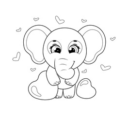 Coloring page. Cartoon gentle elephant with hearts