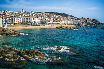 A classic white town on the Costa Brava. White houses, historical buildings of Calella de...