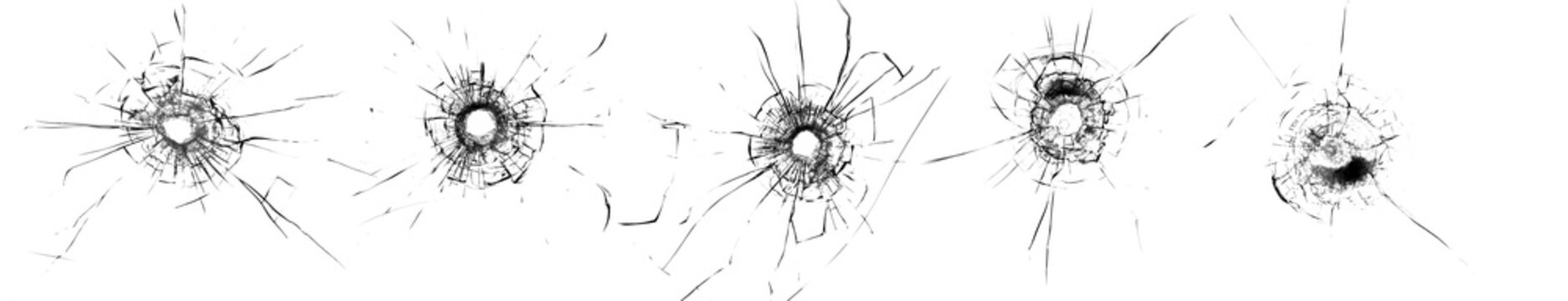 Big collection of cracks of broken glass on black background. Concept of shots on the window for design